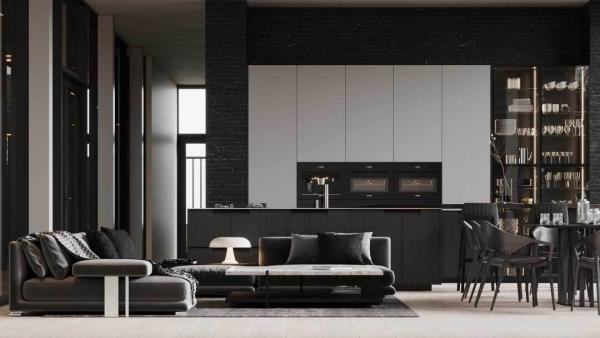 A black & white open-concept living room 
